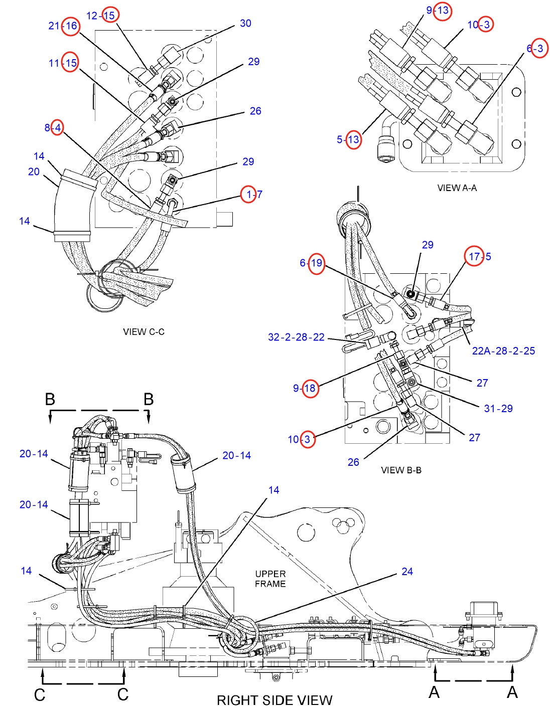 Caterpillar CAT®313D2 LGP installation diagram showing hydraulic hose 4I-3988 at Pipe No. 3