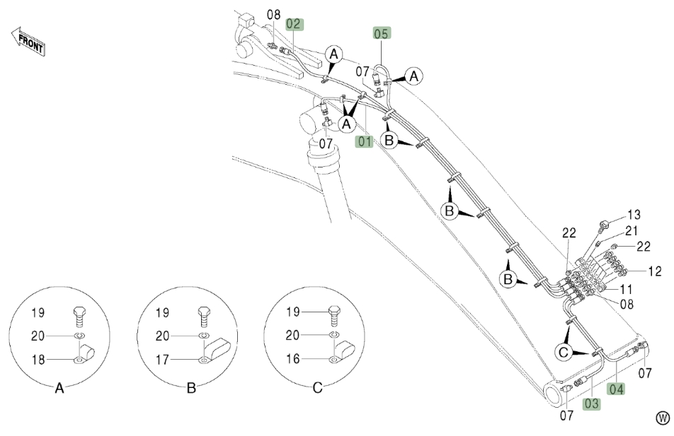 Hitachi ZX600LC installation diagram showing hydraulic hose 4316009 at Pipe No. 1