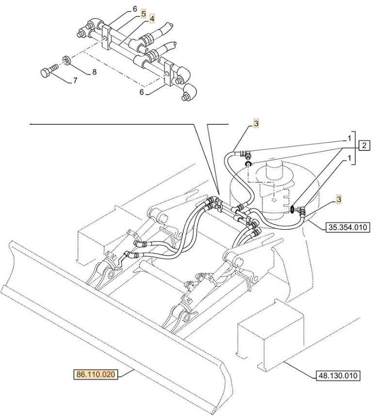 Case CX130D installation diagram showing hydraulic hose KAV0390 at Pipe No. 3