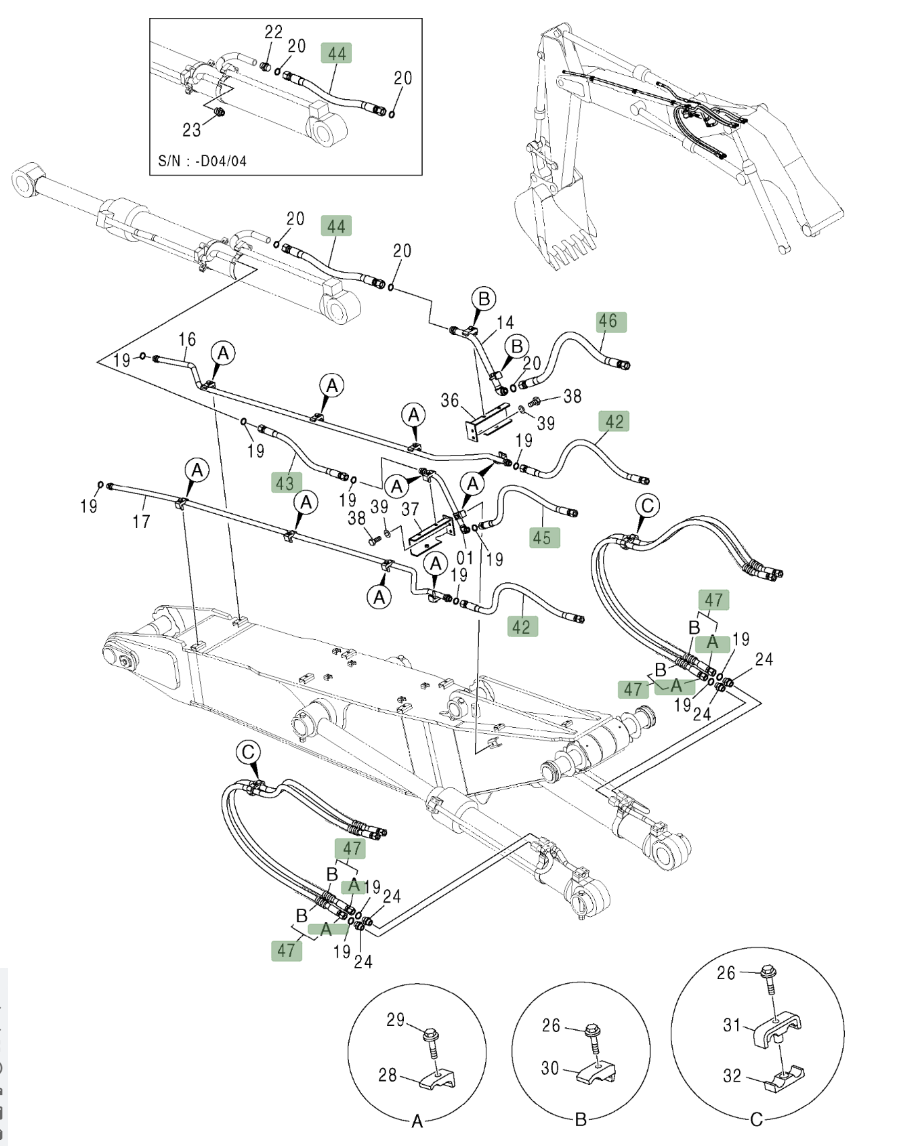 Hitachi ZX210W installation diagram showing hydraulic hose 4250060 at Pipe No. 45