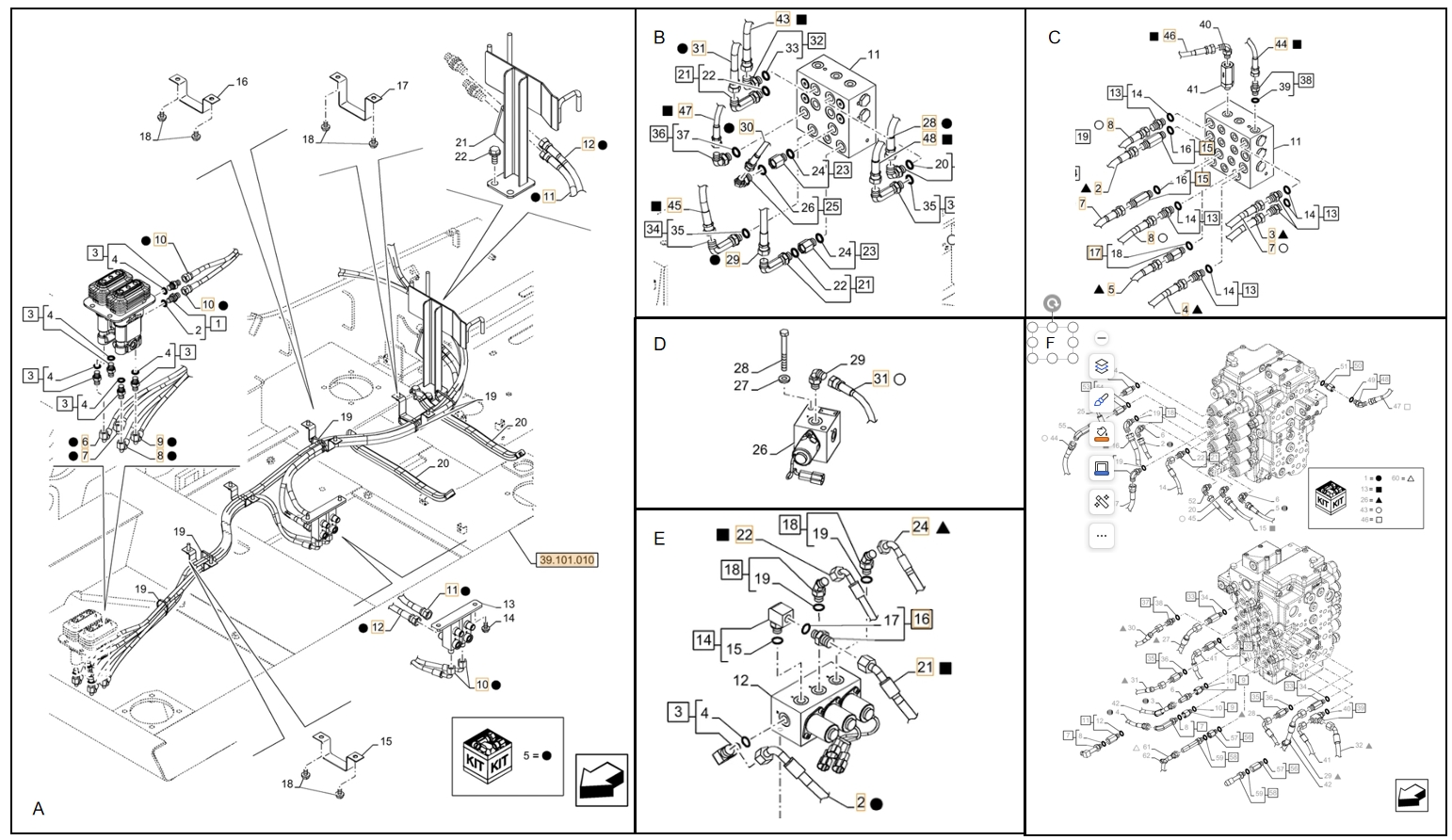 Case CX130D installation diagram showing hydraulic hose KHJ2171 at Pipe No. 7