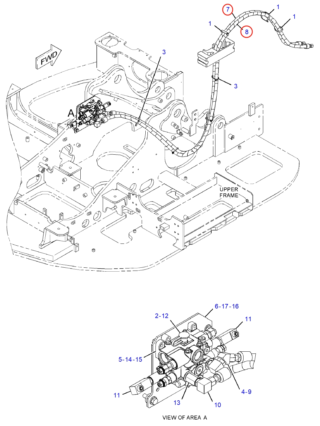 Caterpillar CAT®314E LCR installation diagram showing hydraulic hose 419-5257 at Pipe No. 8