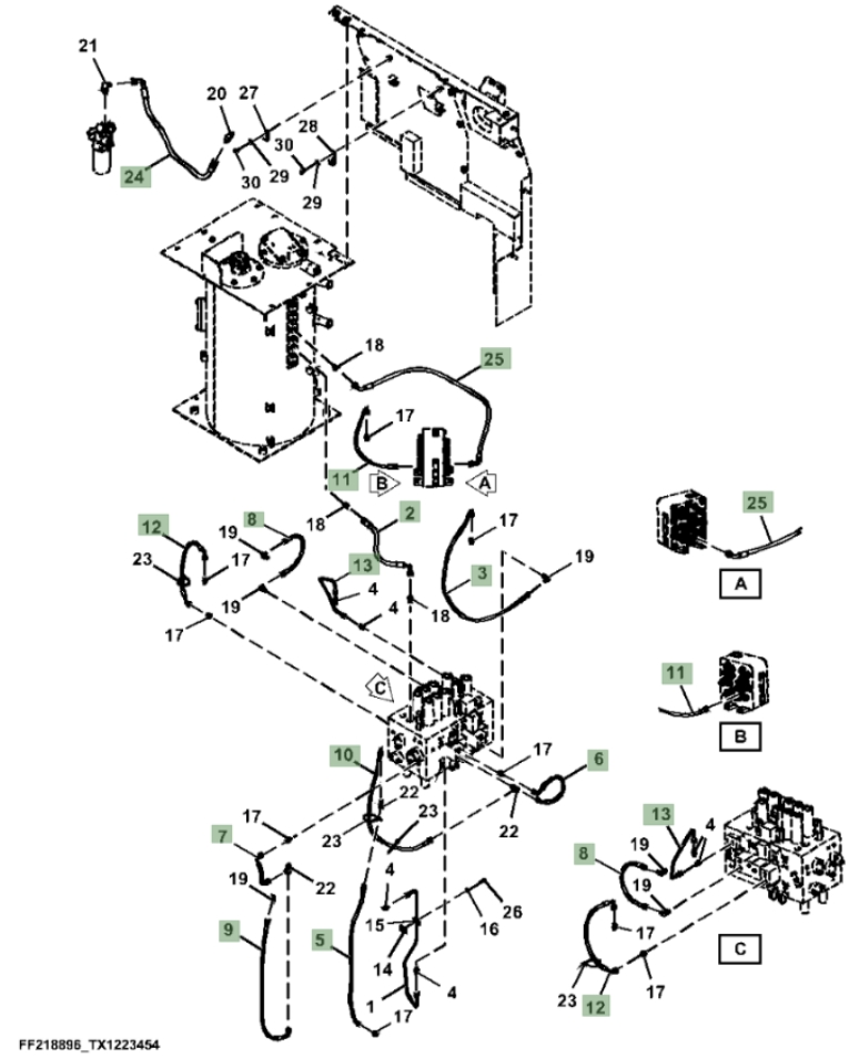 Hitachi ZX210F-FE-6N installation diagram showing hydraulic hose FF529937 at Pipe No. 24