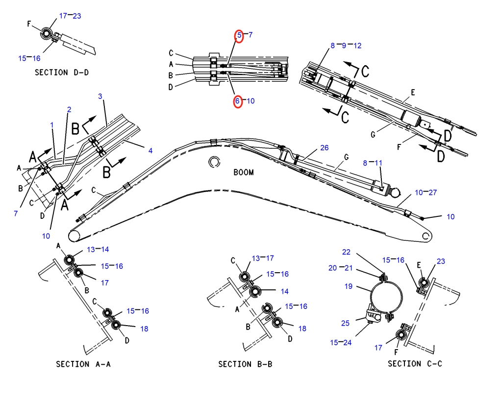 Caterpillar CAT®317-A N installation diagram showing hydraulic hose 4I-3820 at Pipe No. 6