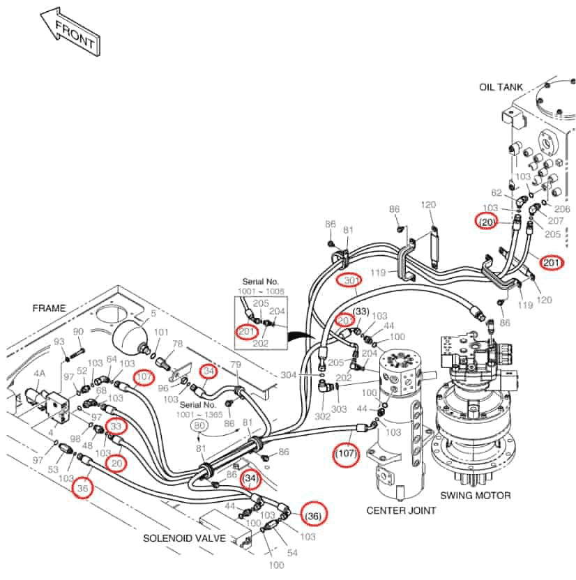Doosan DX140W-3 installation diagram showing hydraulic hose DS2121166 at Pipe No. 107