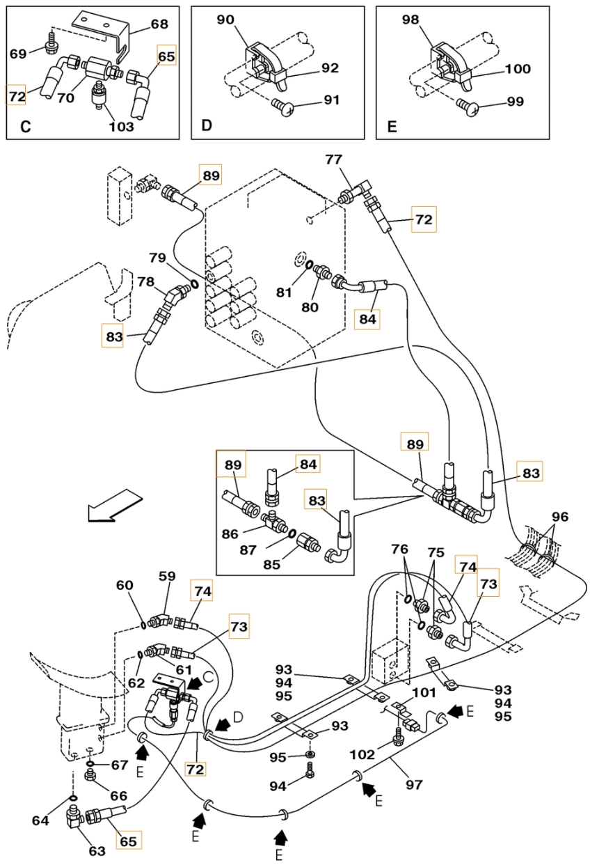 Case CX180 installation diagram showing hydraulic hose 161077A1 at Pipe No. 72