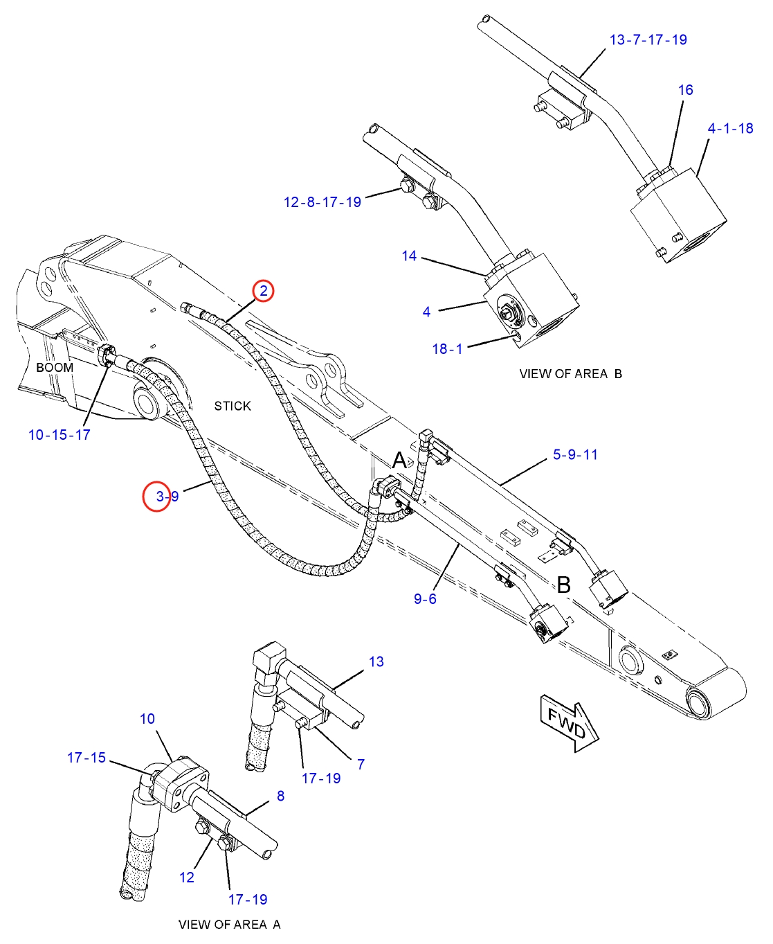 Caterpillar CAT®312E L installation diagram showing hydraulic hose 241-5149 at Pipe No. 2