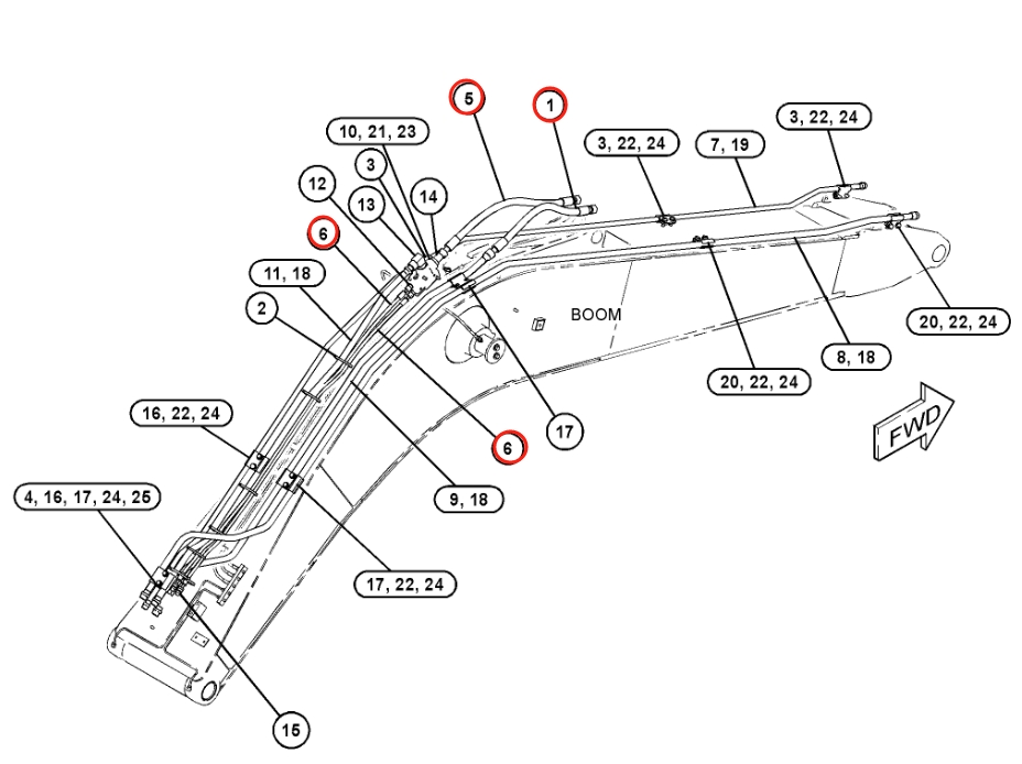 Caterpillar CAT®312F GC installation diagram showing hydraulic hose 221-4807 at Pipe No. 6