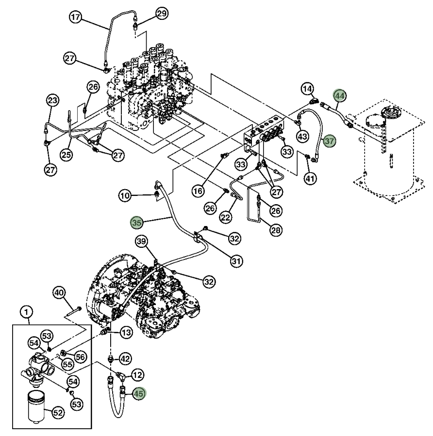 Hitachi ZX200LC-3 installation diagram showing hydraulic hose 4660684 at Pipe No. 44