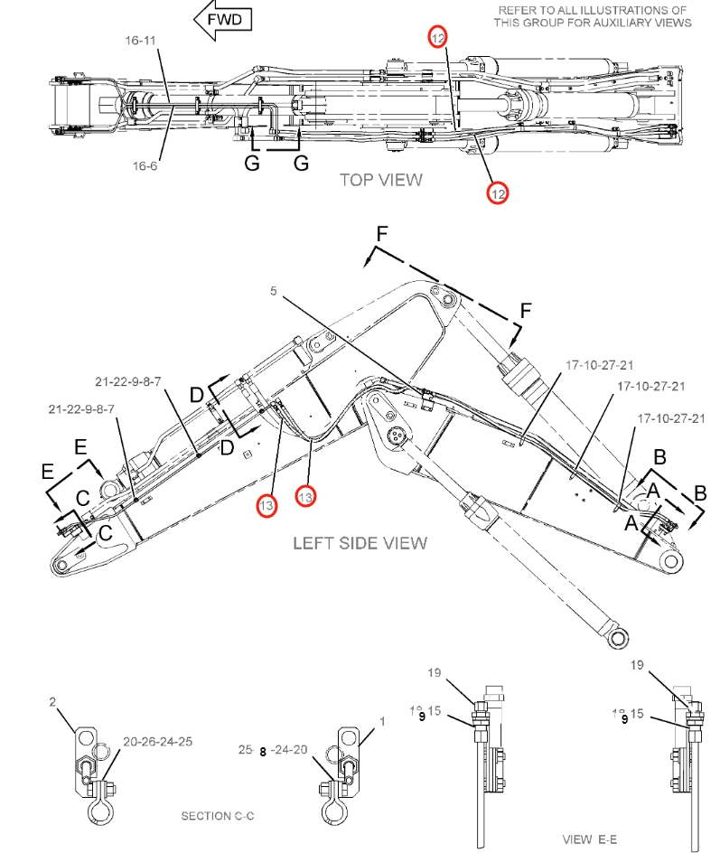 Caterpillar CAT®318C installation diagram showing hydraulic hose 194-4303 at Pipe No. 13