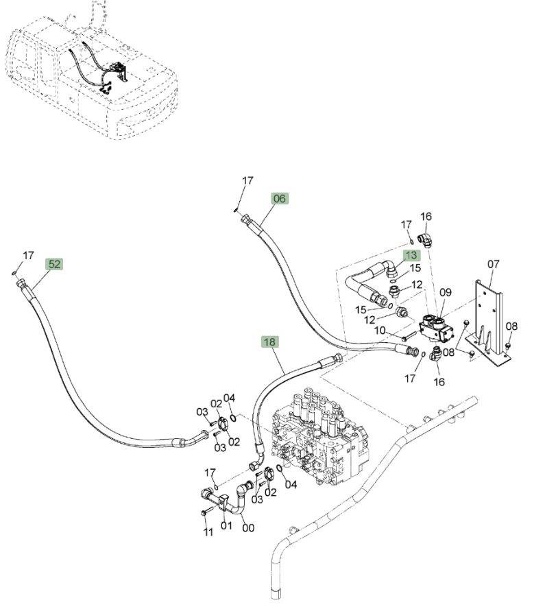 Hitachi ZX220W-3 installation diagram showing hydraulic hose 4286816 at Pipe No. 6A