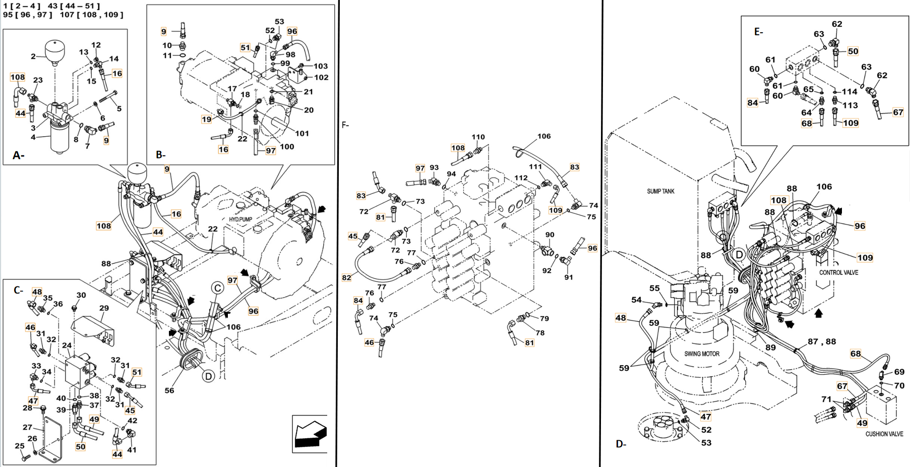Case CX260C installation diagram showing hydraulic hose KHJ2134 at Pipe No. E109-F109