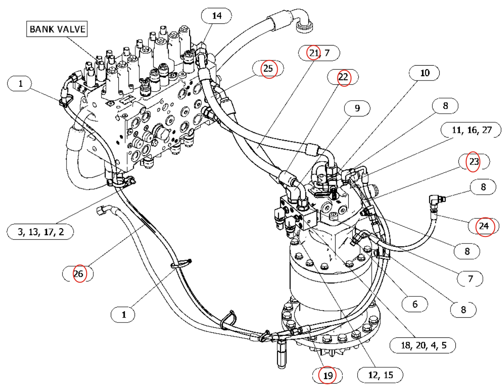 Caterpillar CAT®315 GC installation diagram showing hydraulic hose 568-3128 at Pipe No. 21