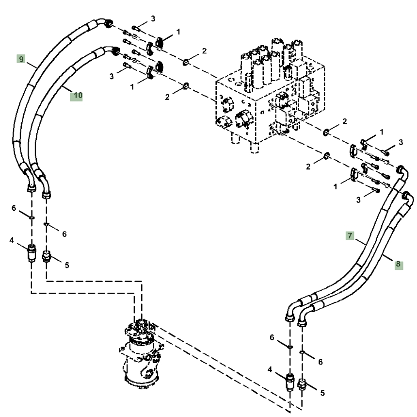 Hitachi ZX180LC-6N installation diagram showing hydraulic hose 4643291 at Pipe No. 8