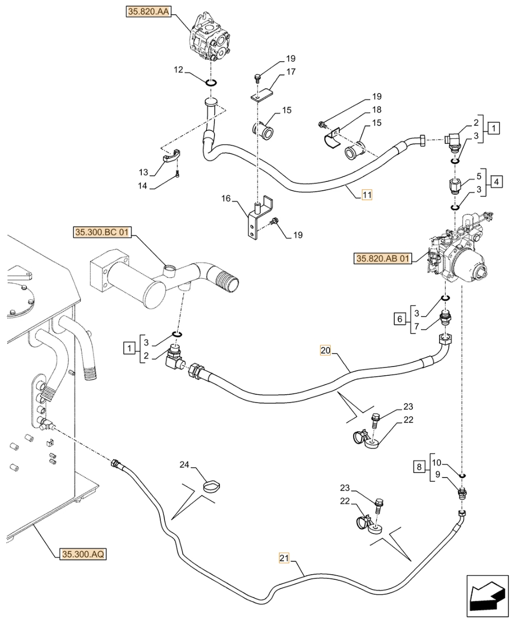 Case CX500D LC installation diagram showing hydraulic hose KAJ3619 at Pipe No. 20