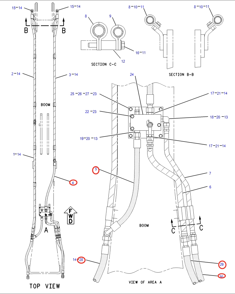 Caterpillar CAT®317B L installation diagram showing hydraulic hose 108-7497 at Pipe No. 30