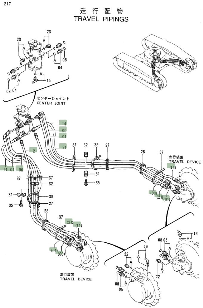 Hitachi EX100-3 installation diagram showing hydraulic hose 4286512 at Pipe No. 21