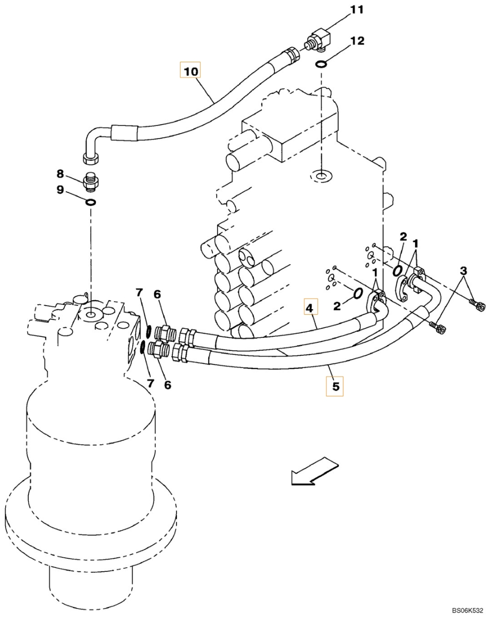 Case CX240BLR installation diagram showing hydraulic hose KRJ10750 at Pipe No. 10