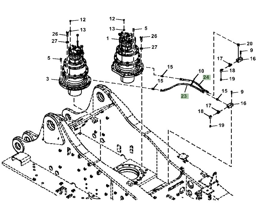 Hitachi ZX870LC-5A installation diagram showing hydraulic hose 4374024 at Pipe No. 24