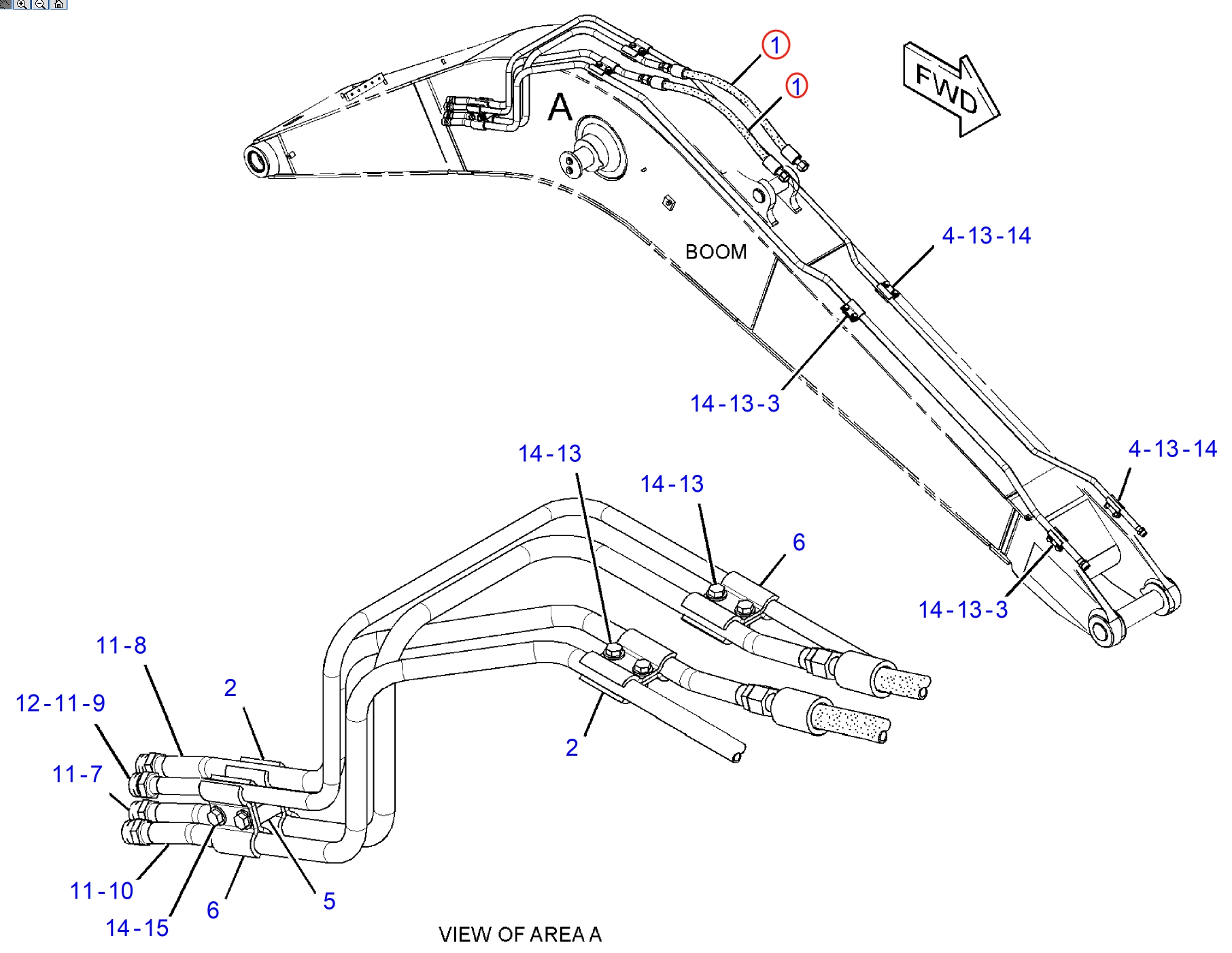 Caterpillar CAT®314F CR installation diagram showing hydraulic hose 4I-1095 at Pipe No. 1
