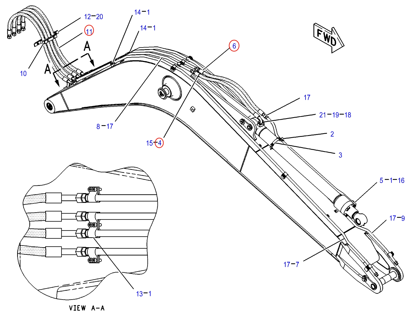 Caterpillar CAT®M312 installation diagram showing hydraulic hose 142-4845 at Pipe No. 6