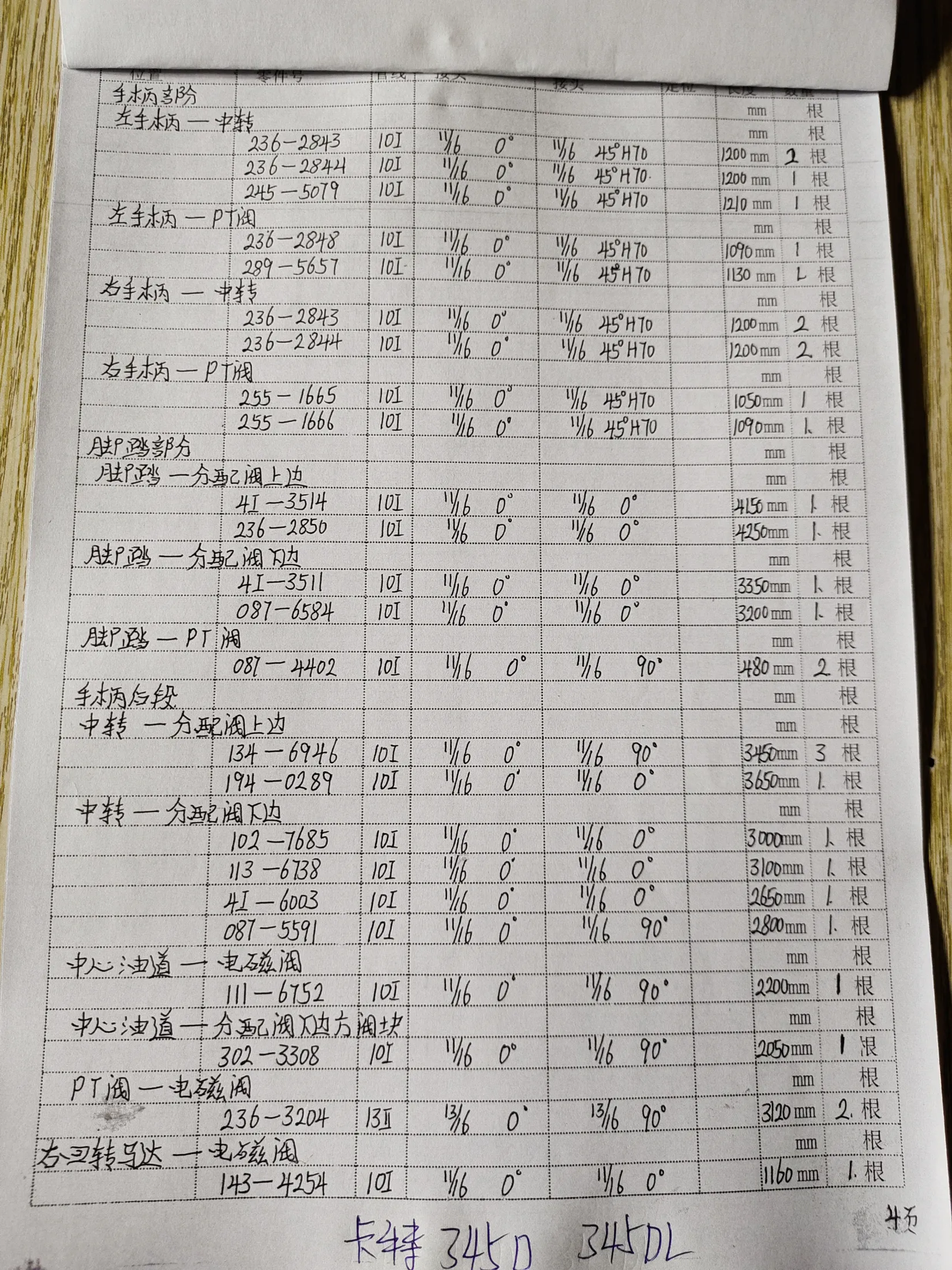 Caterpillar 345DL hydraulic hose part numbers and recorded lengths — technician notebook page 4 of 6 — recorded hose parts 4I-3511, 4I-3514, 4I-6003