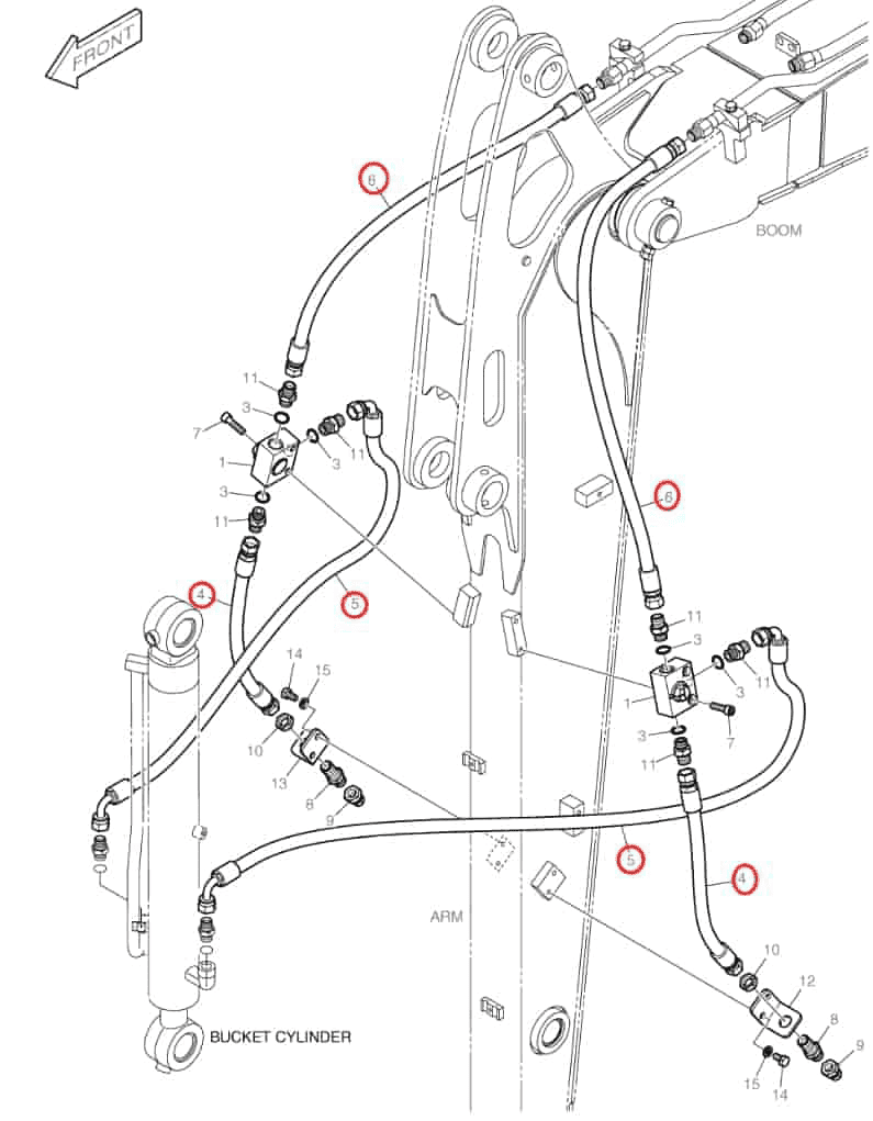 Doosan DX60R installation diagram showing hydraulic hose DS2053969 at Pipe No. 4