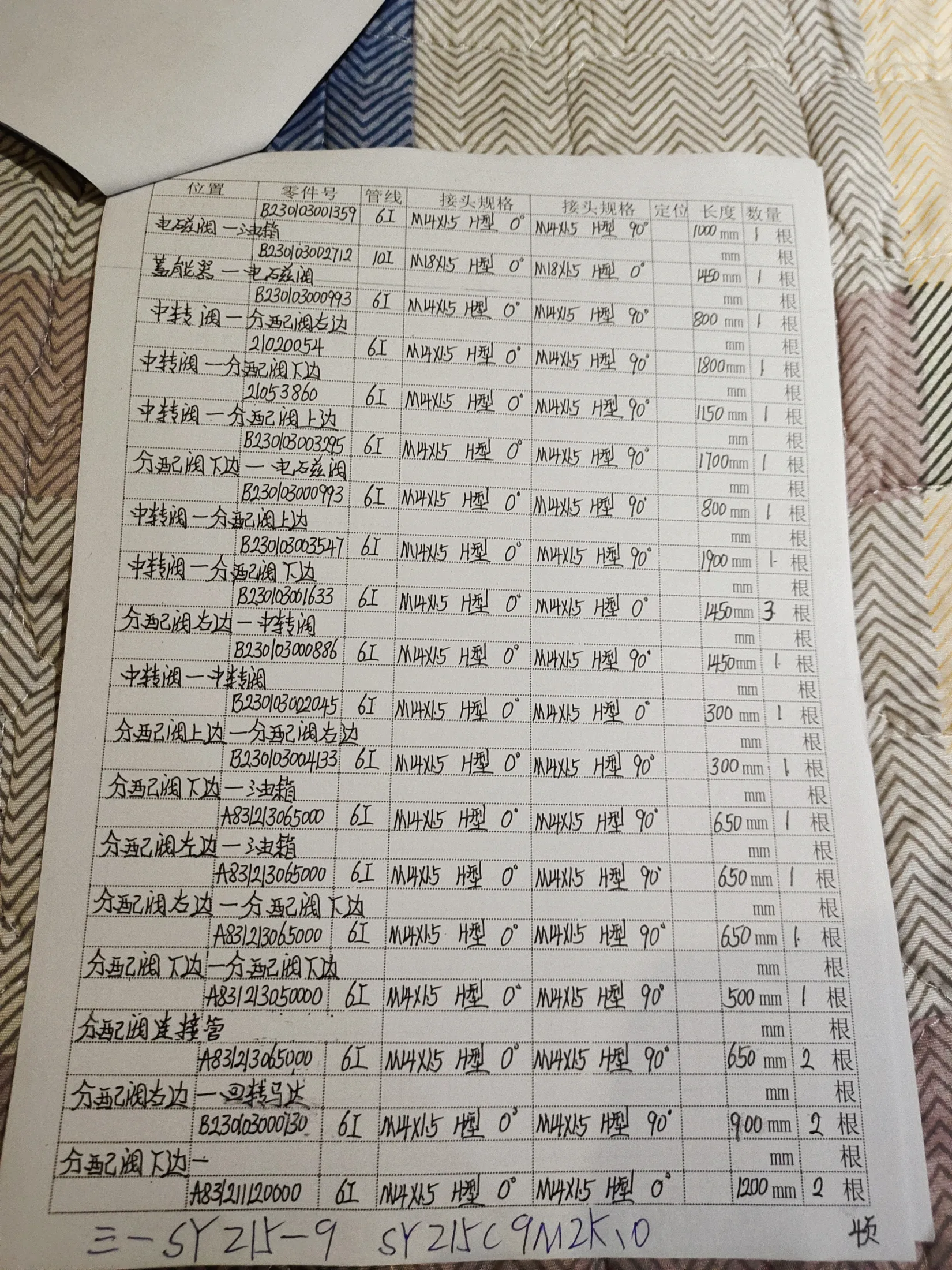 SANY SY215-9 hydraulic hose part numbers and recorded lengths — technician notebook page 4 of 5 — recorded hose parts A832130500006I, A8323065000, B23003000886