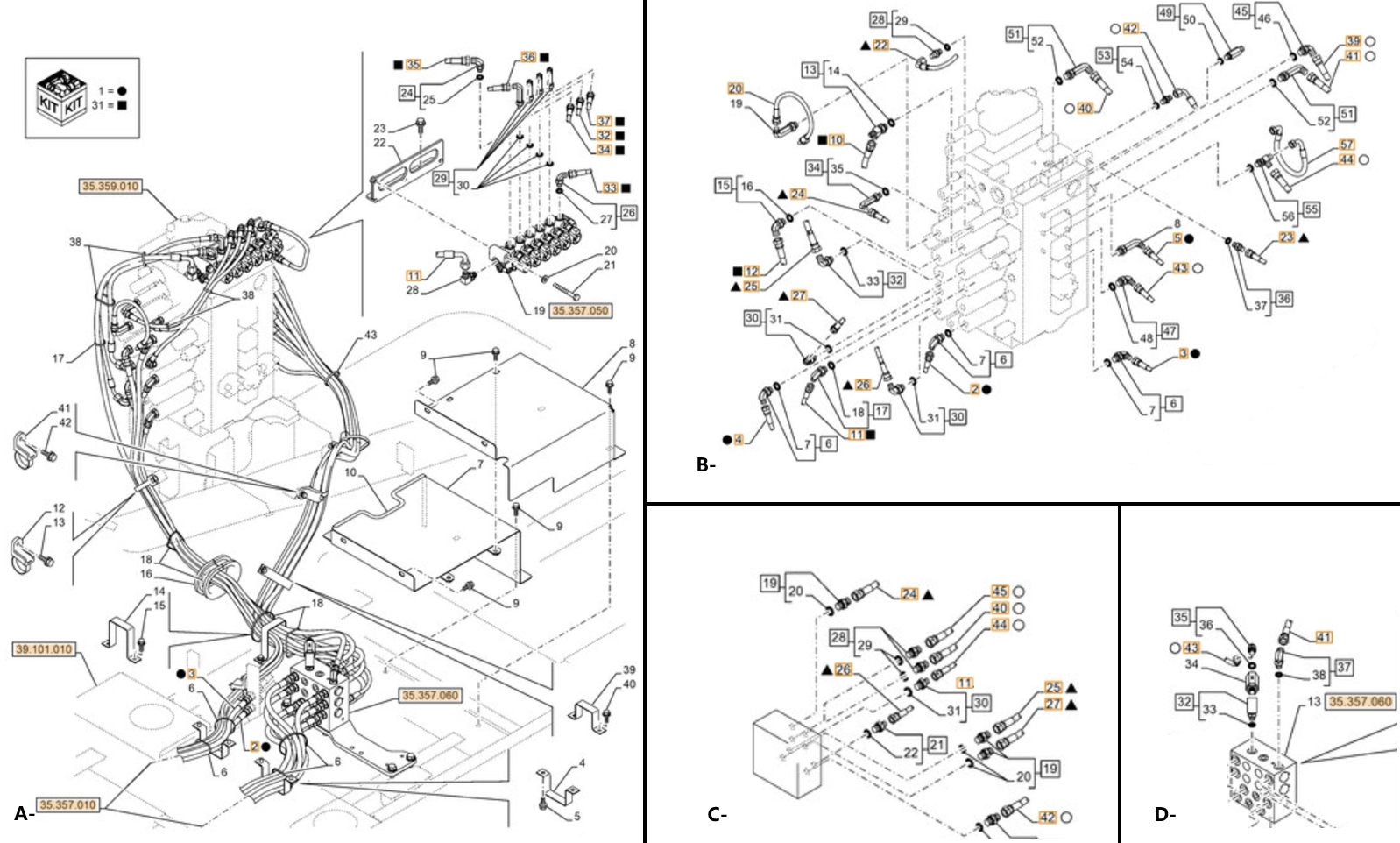 Case CX380D LC installation diagram showing hydraulic hose KHJ13670 at Pipe No. B40-C41