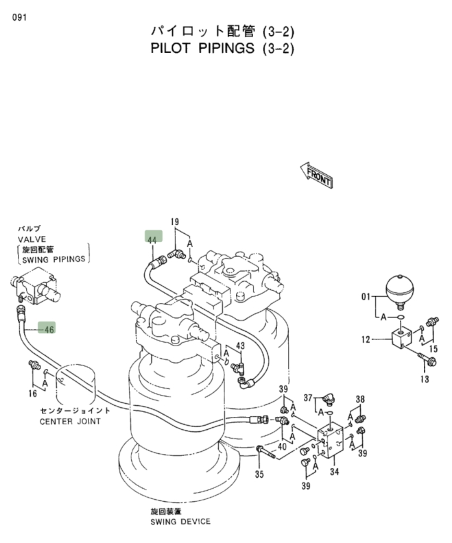 Hitachi EX400LC-3C installation diagram showing hydraulic hose 4333713 at Pipe No. 46