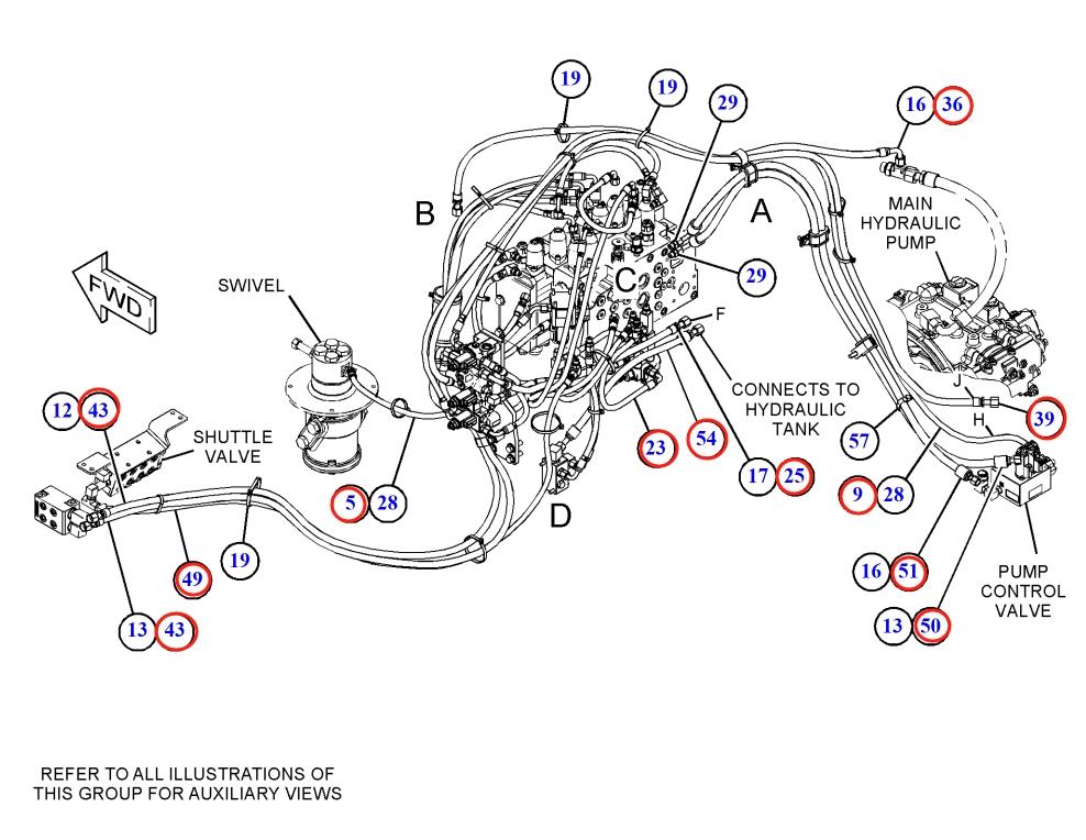 Caterpillar CAT®316F L installation diagram showing hydraulic hose 340-2962 at Pipe No. 49
