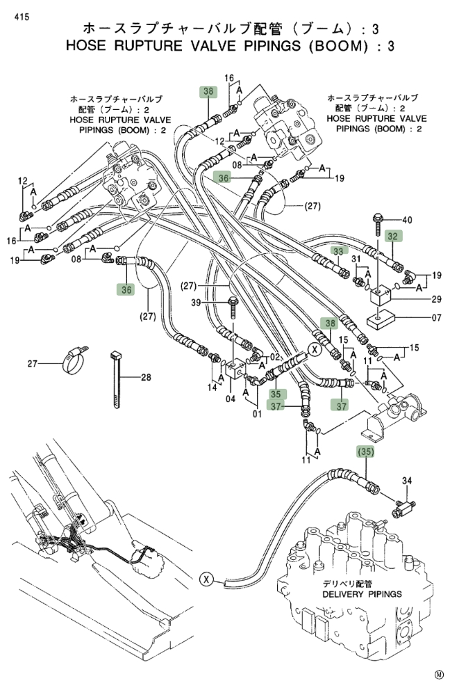 Hitachi EX400LC-3 installation diagram showing hydraulic hose 4322514 at Pipe No. 37
