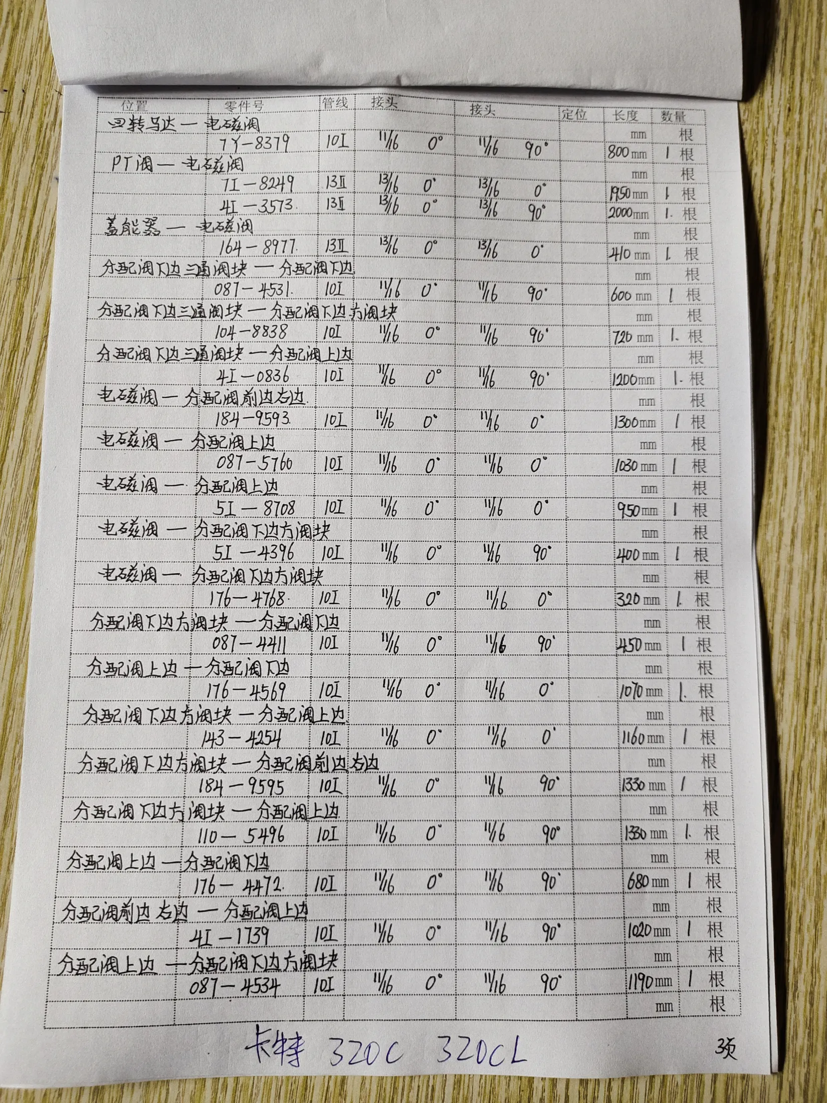 Caterpillar 320C hydraulic hose part numbers and recorded lengths — technician notebook page 3 of 5 — recorded hose parts 4I-0836, 4I-1739