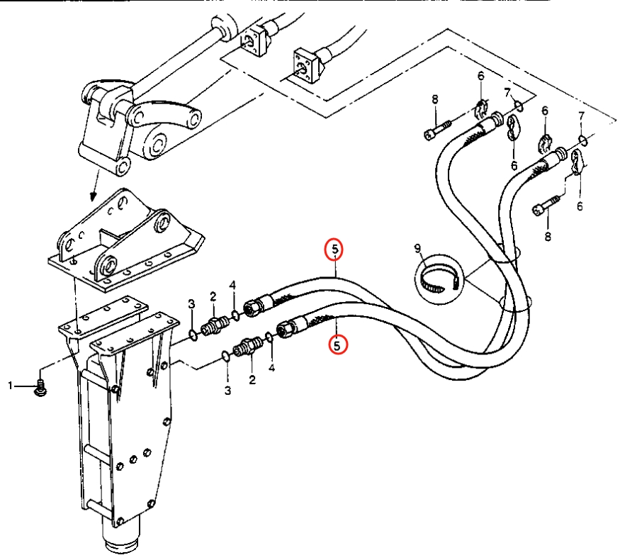 Caterpillar CAT®205B installation diagram showing hydraulic hose 8U-6492 at Pipe No. 5
