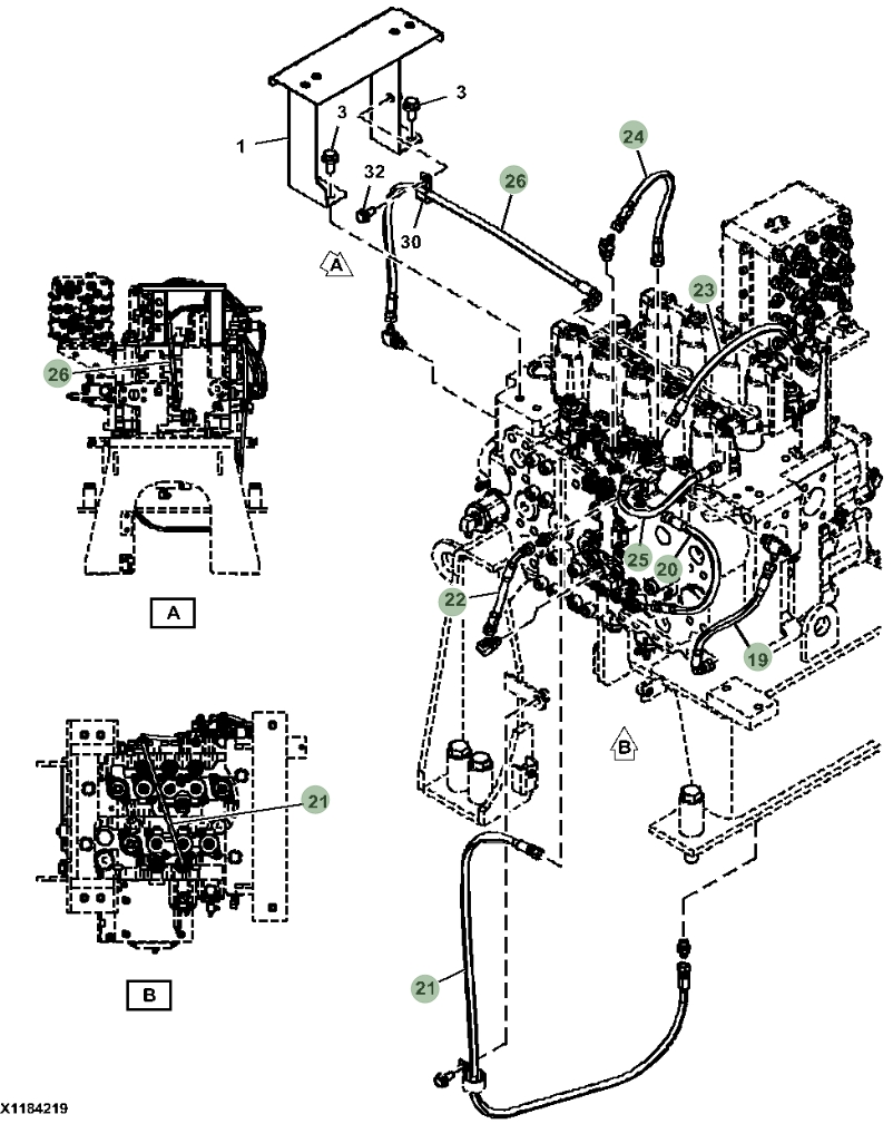 Hitachi ZX470LC-6 installation diagram showing hydraulic hose 4713500 at Pipe No. 19
