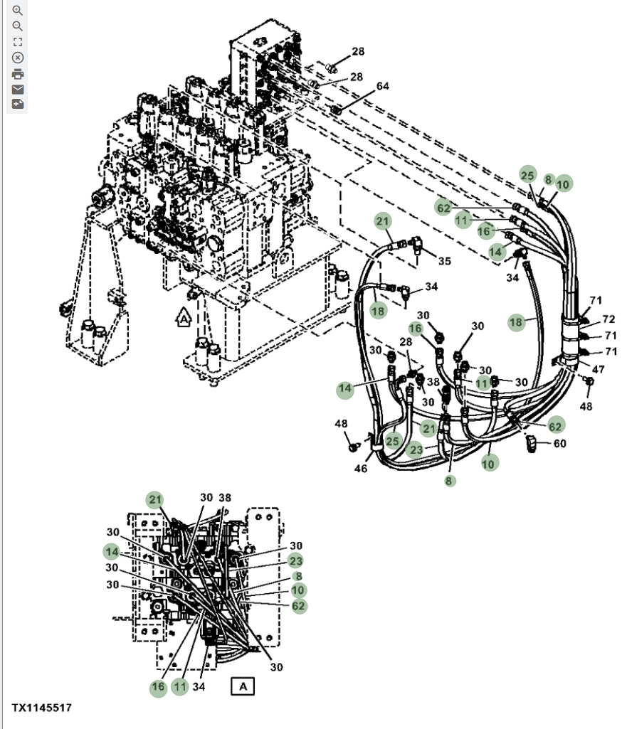 Hitachi ZX670LC-5G installation diagram showing hydraulic hose 4609135 at Pipe No. 14