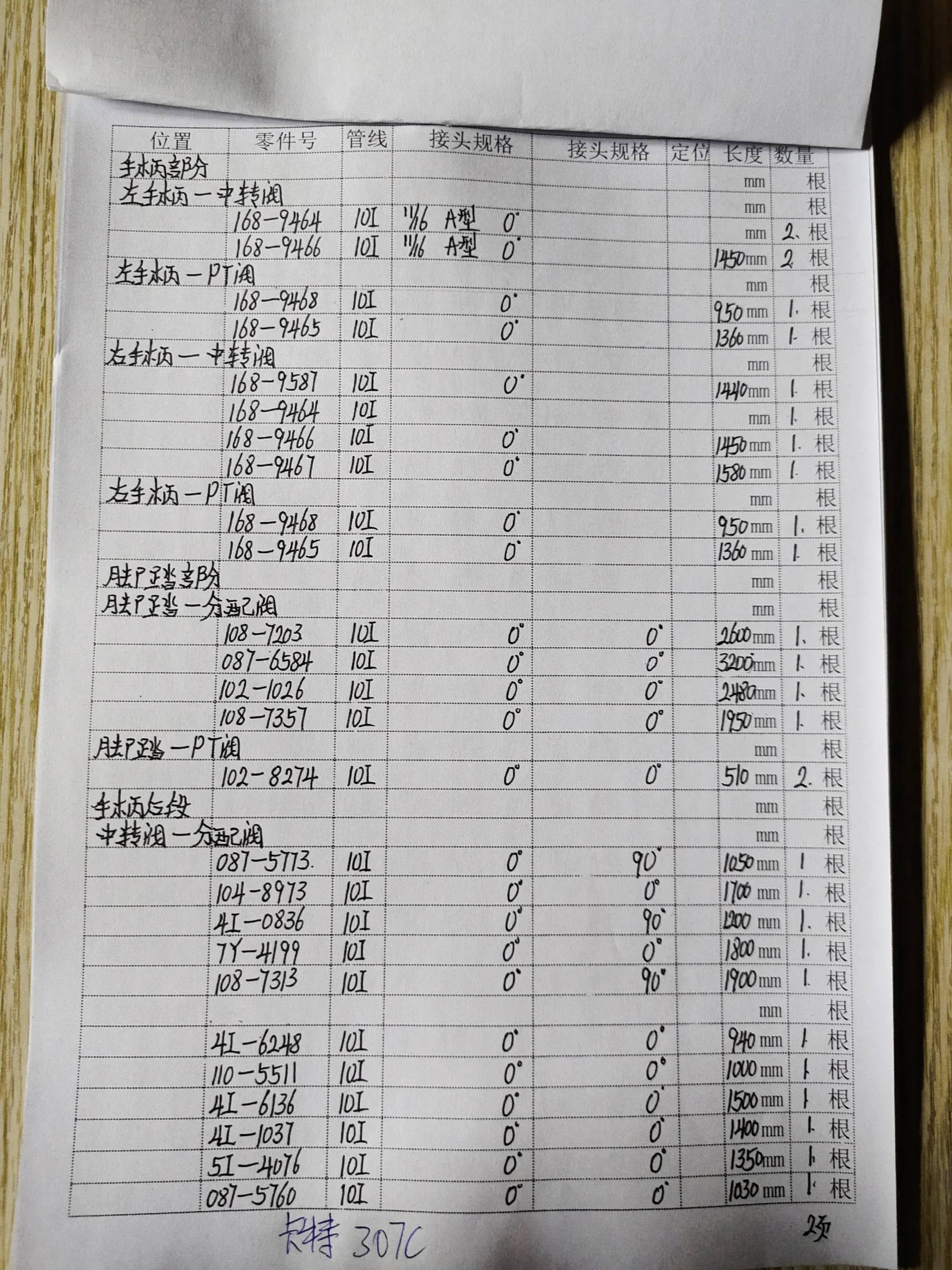 Caterpillar 307C hydraulic hose part numbers and recorded lengths — technician notebook page 2 of 4 — recorded hose parts 4I-083, 4I-1037, 4I-6136