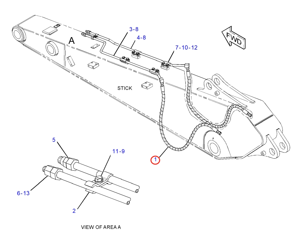 Caterpillar CAT®316F L installation diagram showing hydraulic hose 177-8407 at Pipe No. 1