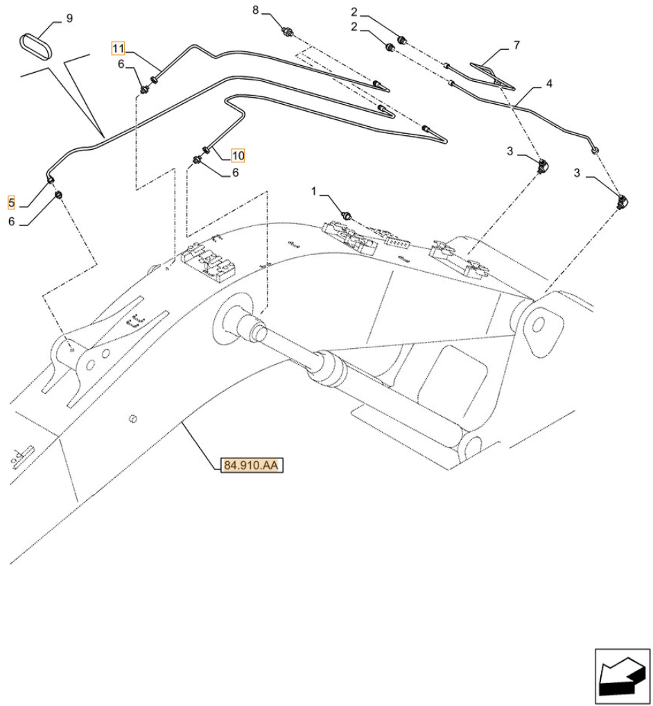 Case CX250D NLC installation diagram showing hydraulic hose KHJ2172 at Pipe No. 5