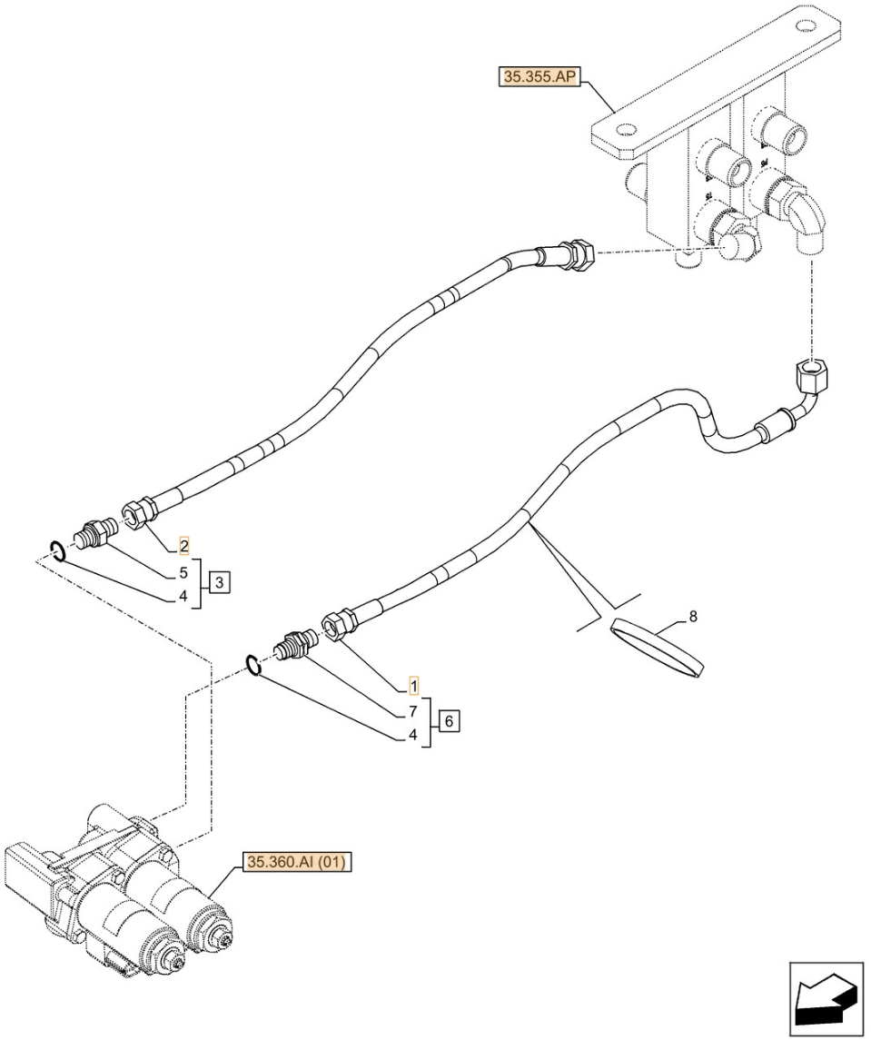 Case CX490D LC installation diagram showing hydraulic hose KHJ2093 at Pipe No. 1