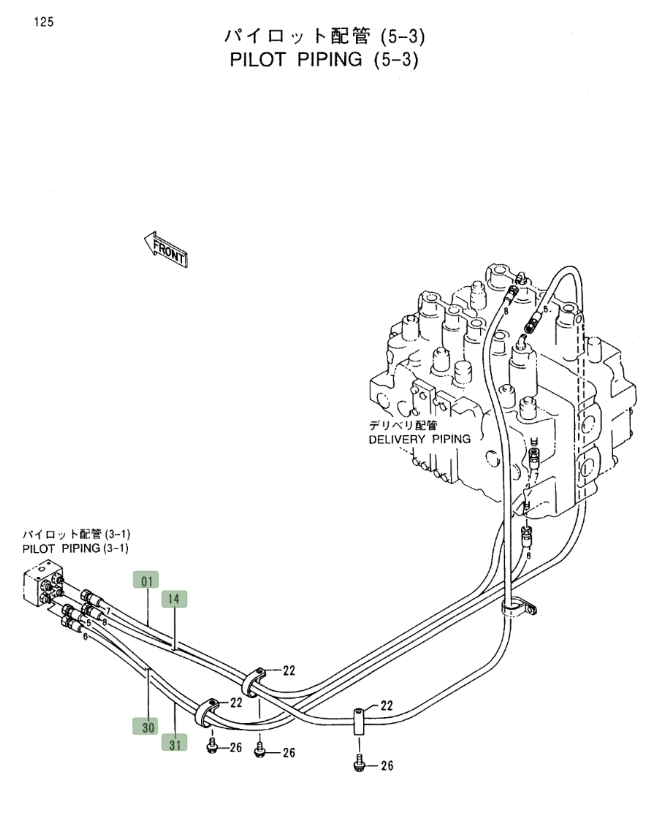 Hitachi EX450LC-5 installation diagram showing hydraulic hose 4366780 at Pipe No. 31