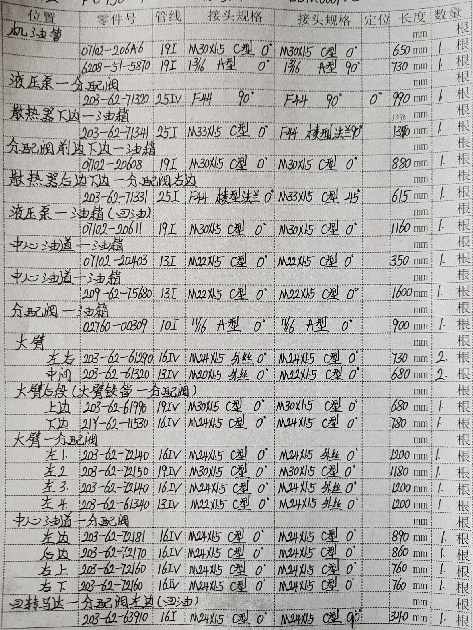 Komatsu PC130-7 hydraulic hose part numbers and recorded lengths — technician notebook page 1 of 4