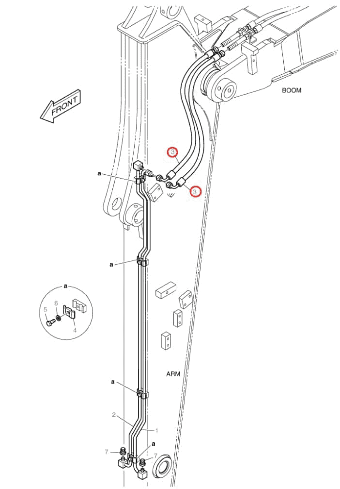 Doosan DX55 installation diagram showing hydraulic hose DS20551379 at Pipe No. 3