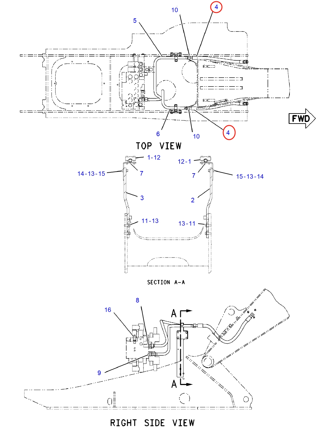 Caterpillar CAT®312C installation diagram showing hydraulic hose 197-8203 at Pipe No. 4