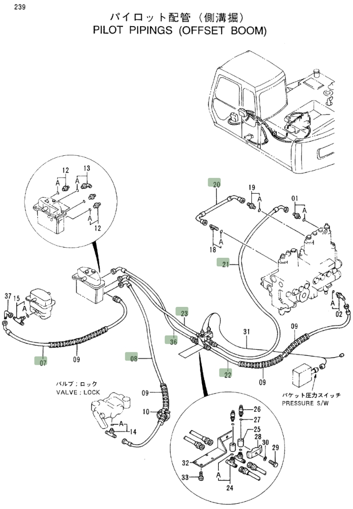 Hitachi EX100-3 installation diagram showing hydraulic hose 4297978 at Pipe No. 23