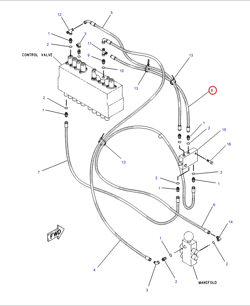 Caterpillar CAT®317-A installation diagram showing hydraulic hose 5I-3124 at Pipe No. 8