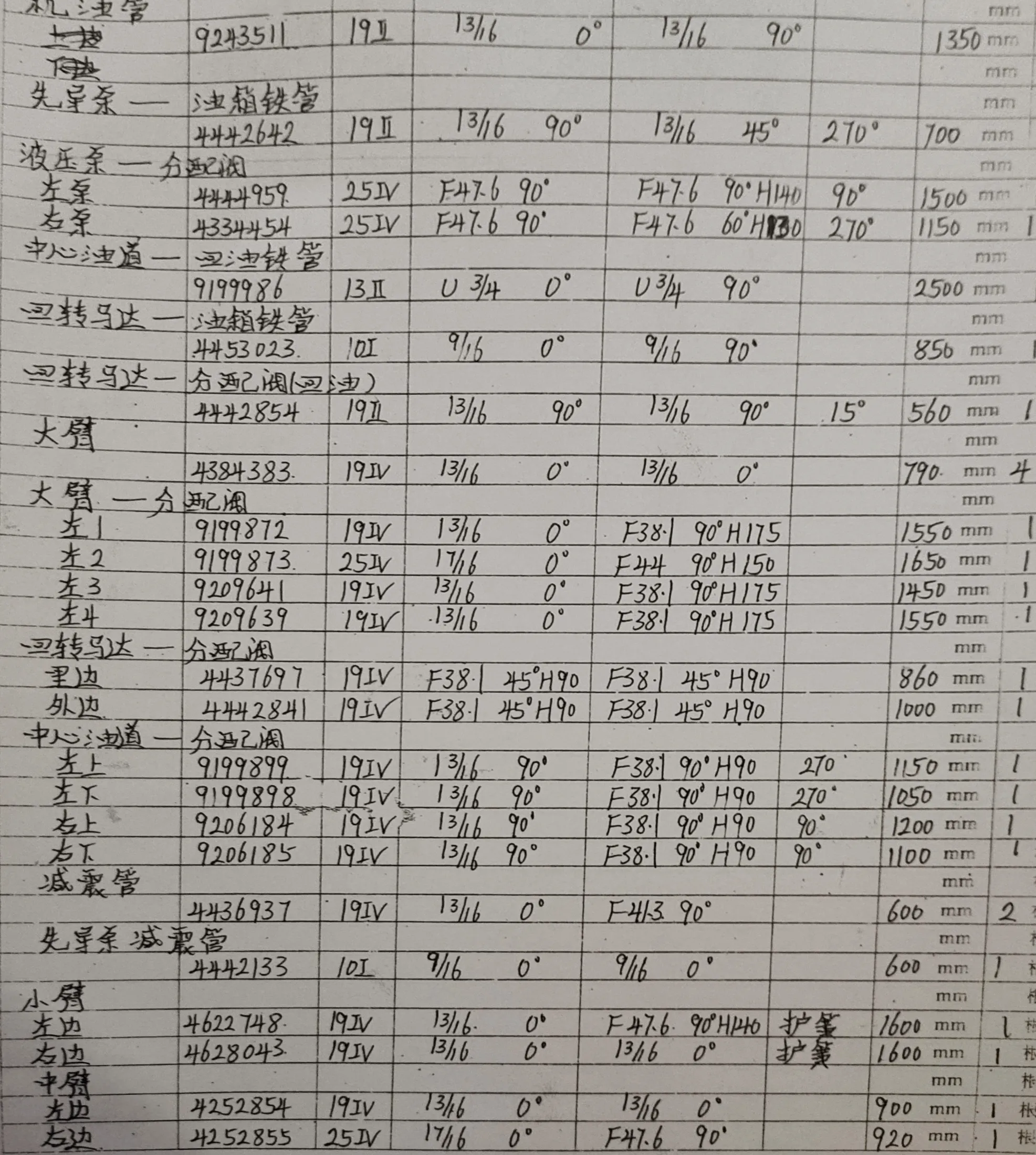 Hitachi ZX240-3G hydraulic hose part numbers and recorded lengths — technician notebook page 1 of 4