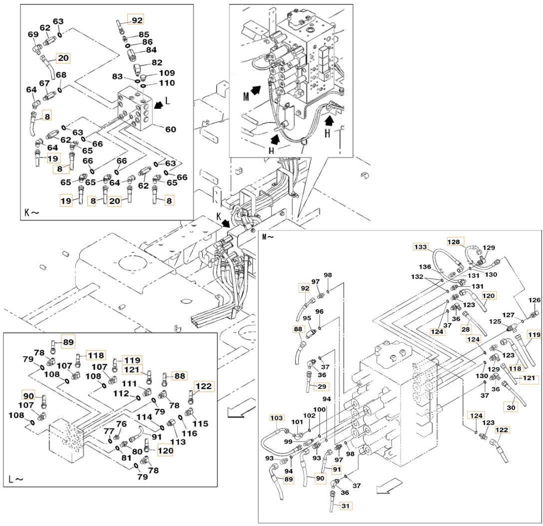 Case CX350B installation diagram showing hydraulic hose 163258A1 at Pipe No. 121