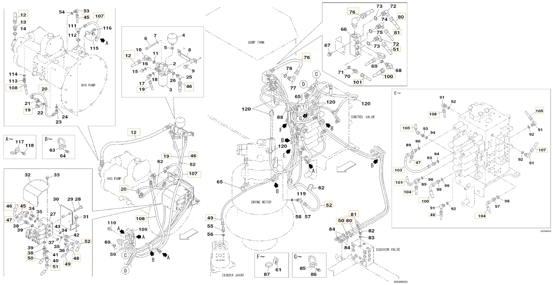Case CX350B installation diagram showing hydraulic hose 168065A1 at Pipe No. 47