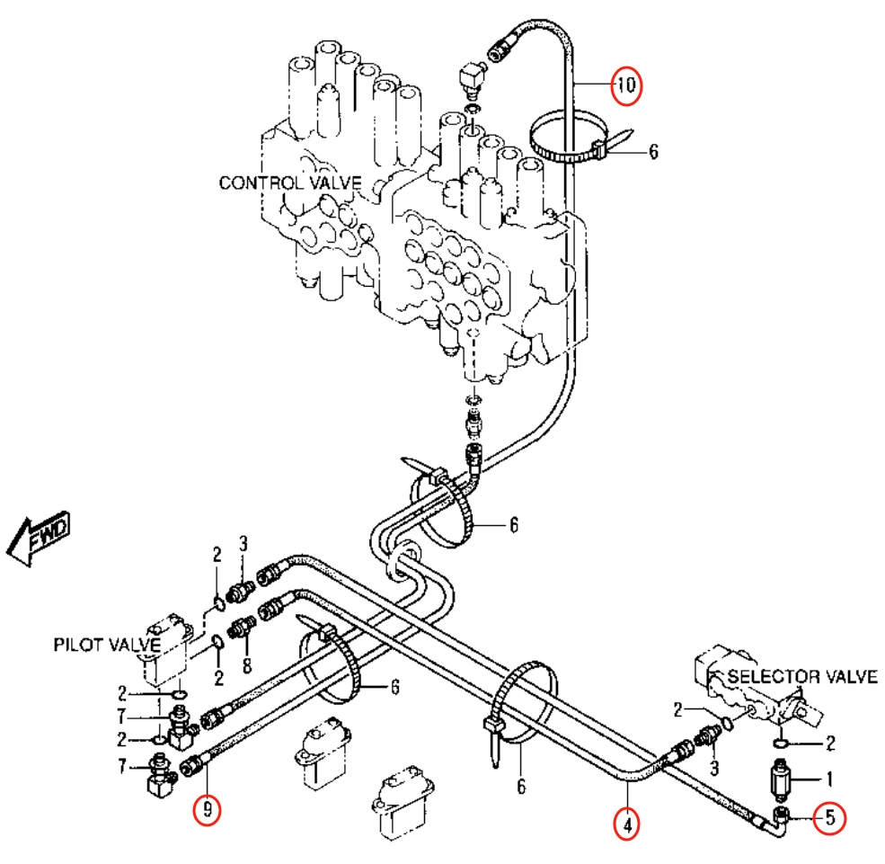 Caterpillar CAT®307-A installation diagram showing hydraulic hose 111-6505 at Pipe No. 10